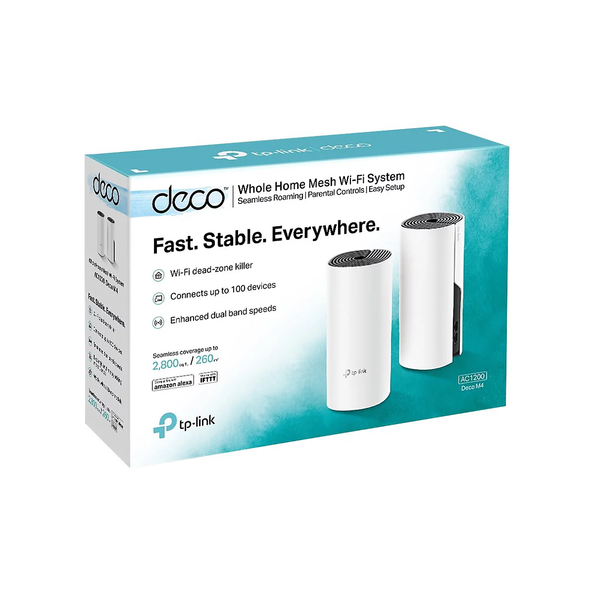 Un systÃ¨me Wi-Fi maillÃ© Deco blanc avec deux unitÃ©s, sur un emballage avec un fond turquoise.