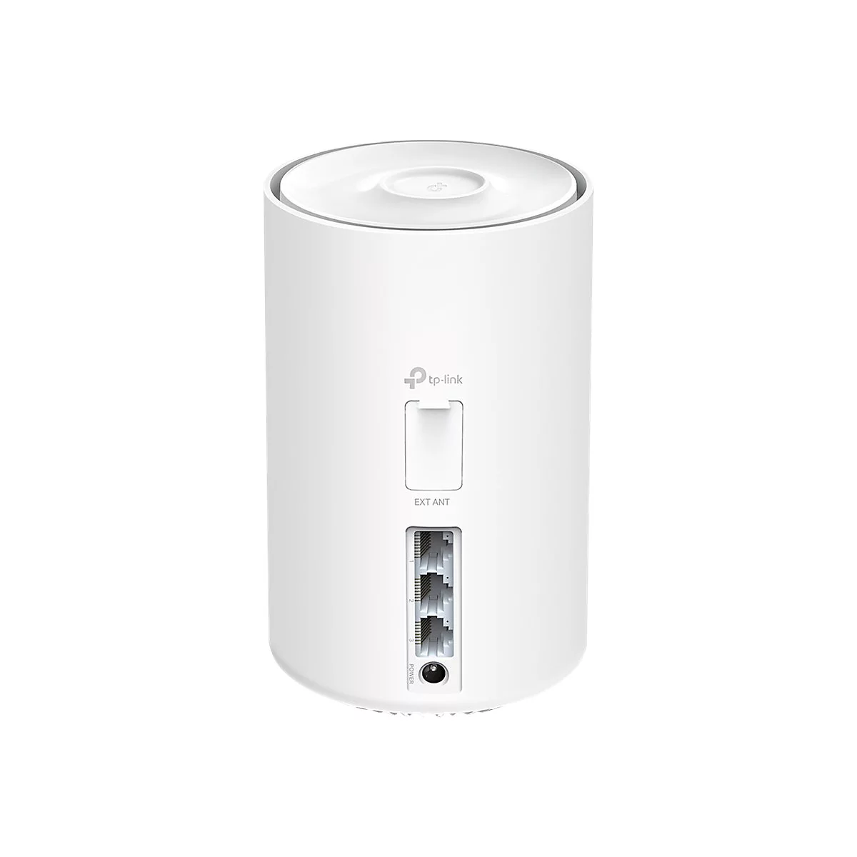 Weißer, zylindrischer WLAN-Router. Auf der Rückseite Anschlüsse, darunter 'EXT ANT' und 'POWER'. Logo von tp-link.
