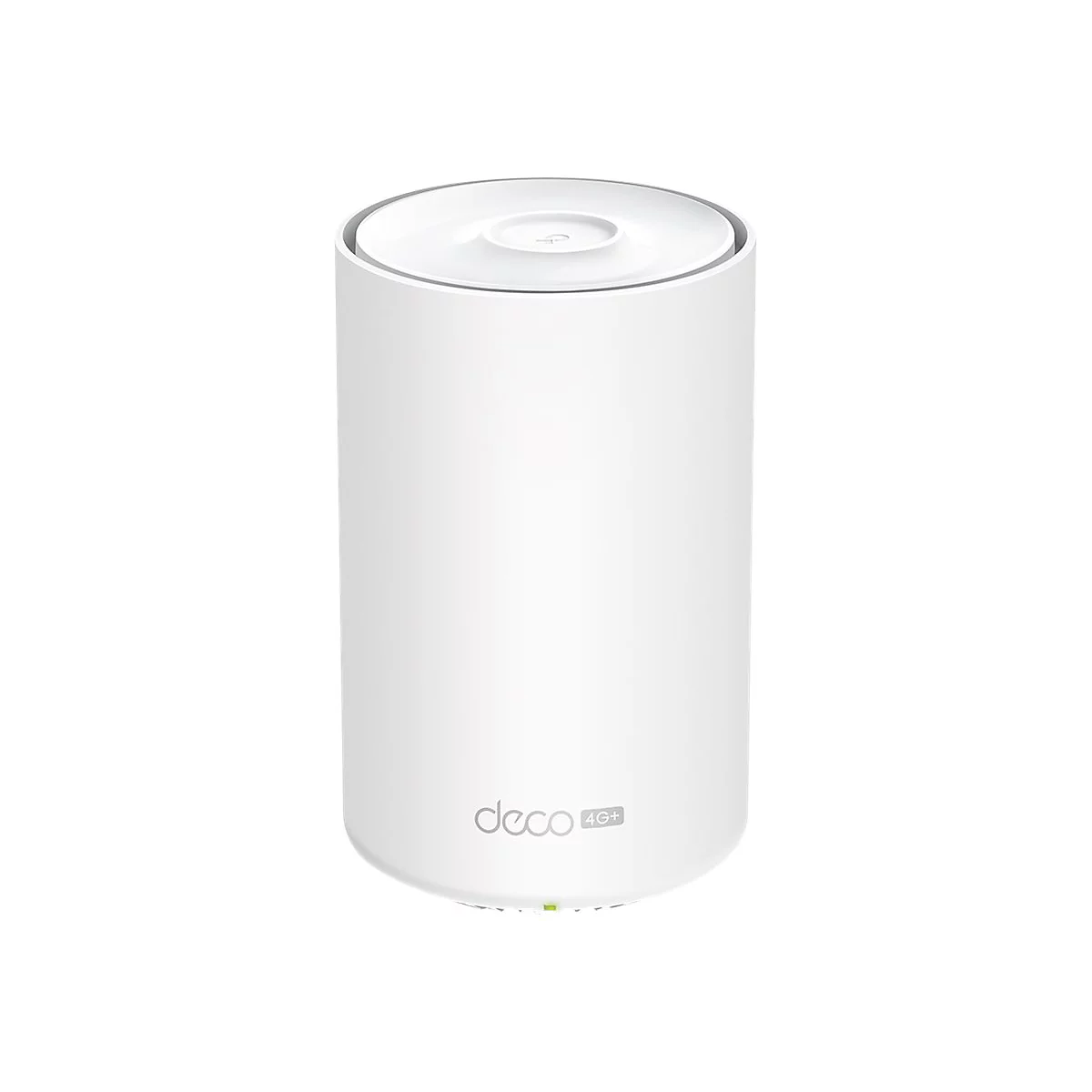 Weißer zylindrischer Router mit abgerundeter Oberseite. Aufschrift 'deco 4G+'.