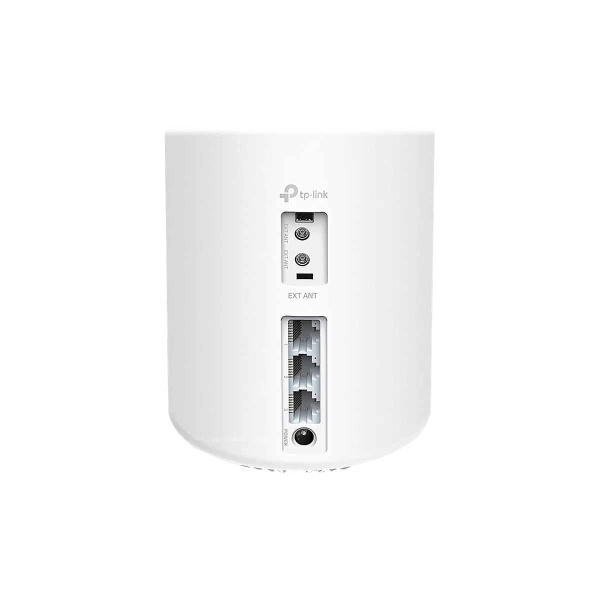 Nahaufnahme eines weißen TP-Link-Routers mit Anschlüssen, beschriftet mit 'EXT ANT' und 'POWER'.