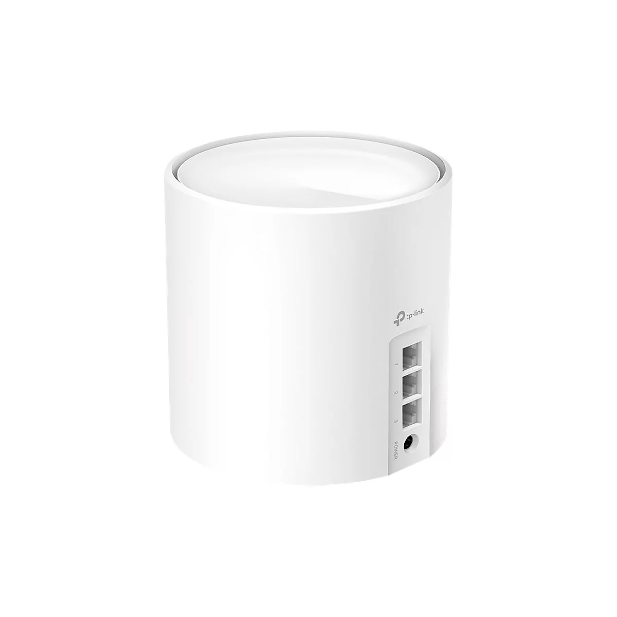 Routeur Wi-Fi cylindrique blanc avec ports et logo.