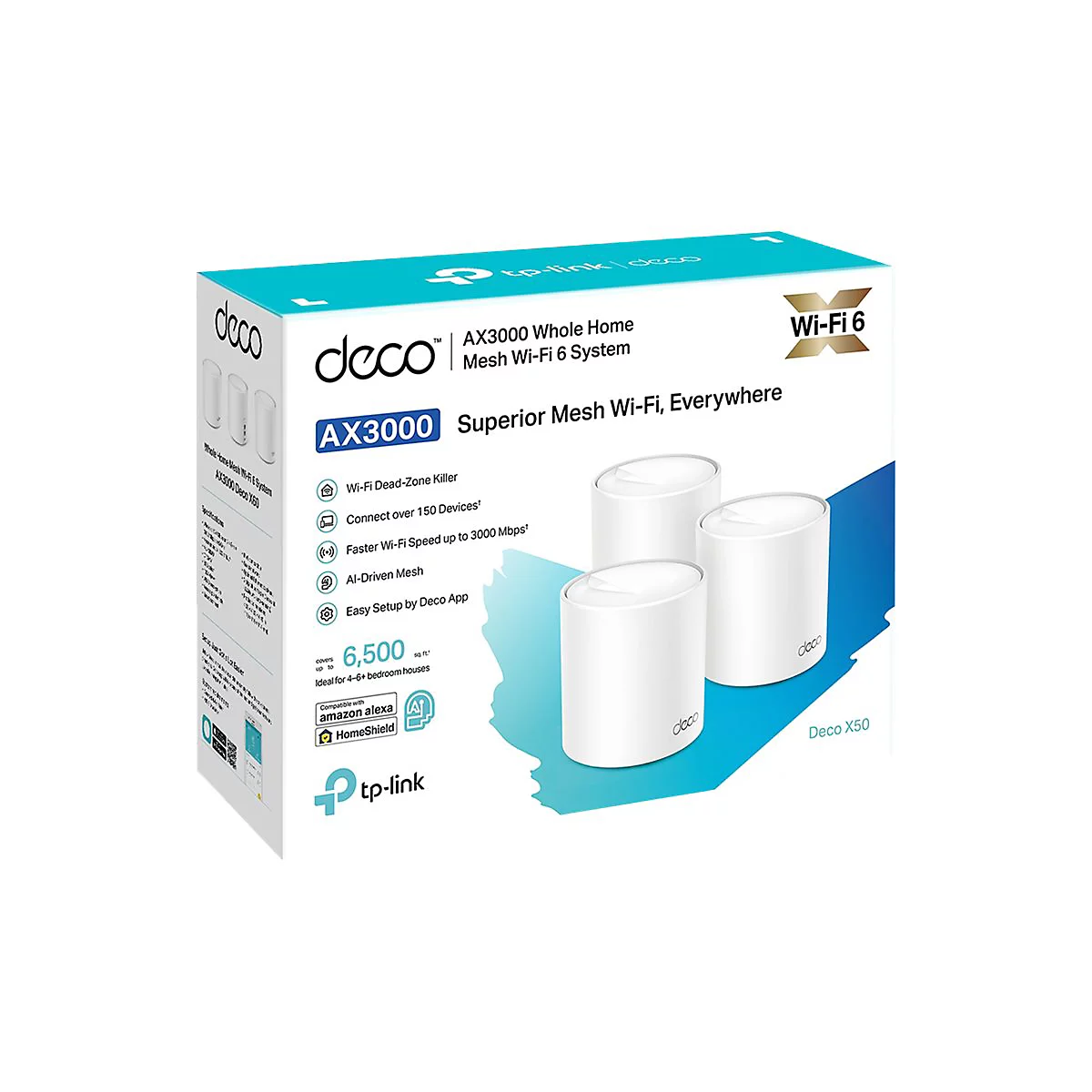 Boîte du produit TP-Link Deco X50, avec trois cylindres blancs, le logo Wi-Fi 6 et du texte.