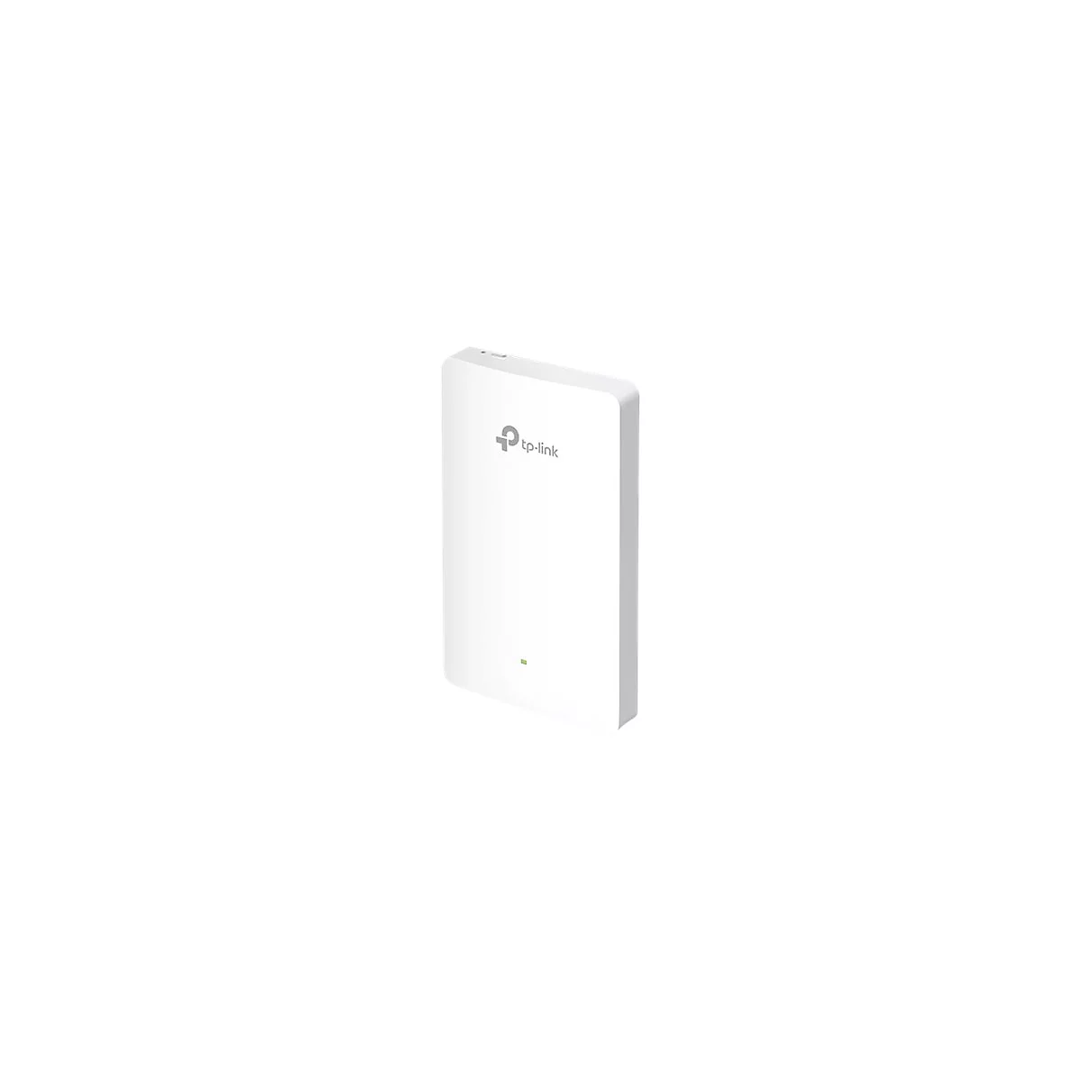 Weißer WLAN-Router von tp-link, mit grünem Indikatorlicht, auf weißem Hintergrund.