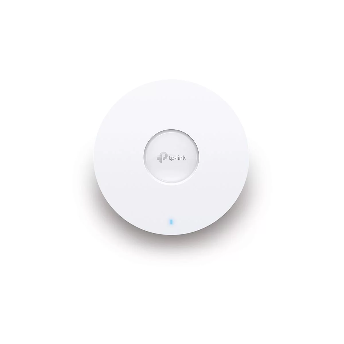 Routeur Wi-Fi rond et blanc avec le logo TP-Link au centre. Une LED bleue est allumée en bas.