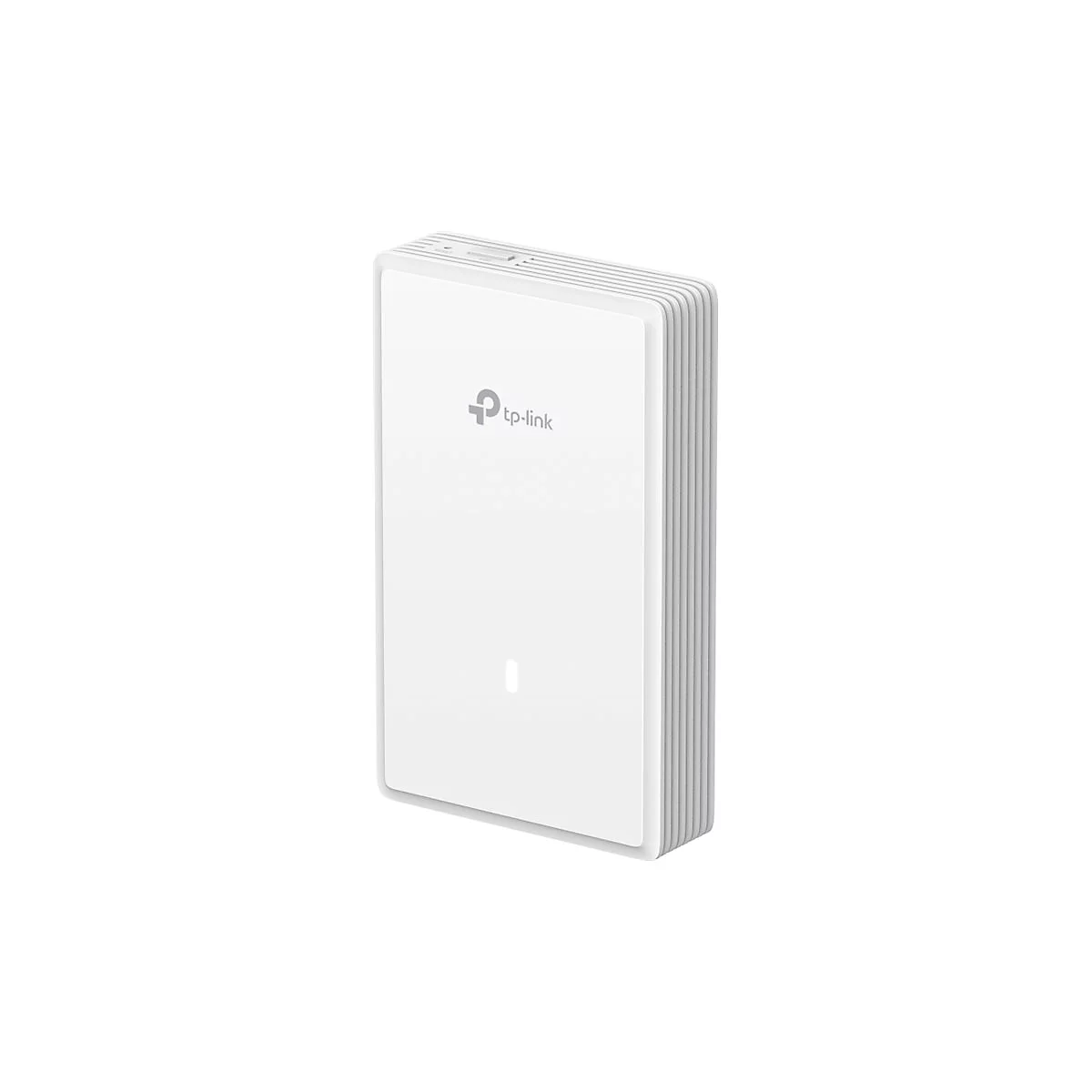 Appareil TP-Link rectangulaire blanc. Logo en haut, petite lumière en bas. Côtés rainurés.