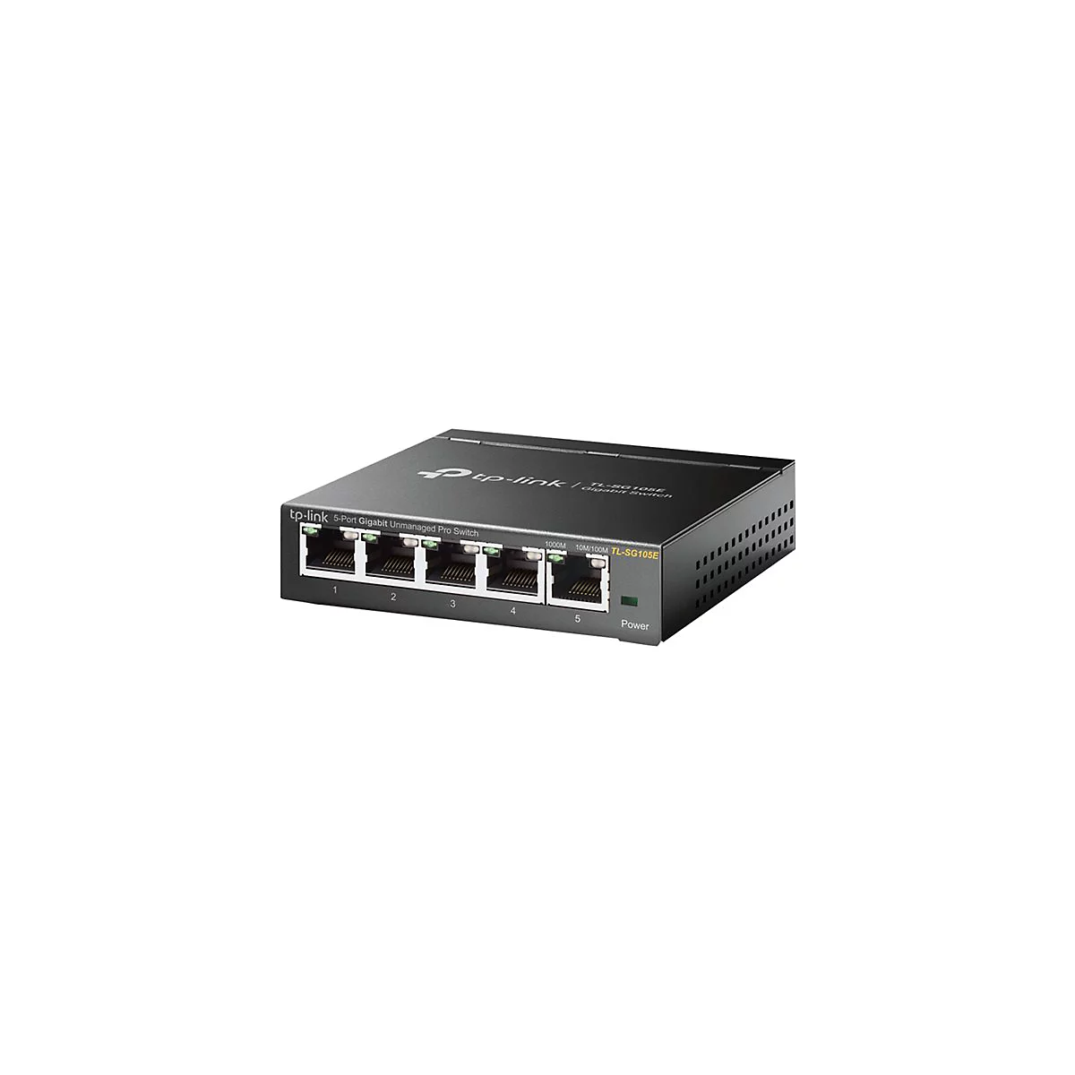 Schwarzer Netzwerk-Switch mit 5 AnschlÃ¼ssen, Aufschrift: tp-link, Modellbezeichnung.
