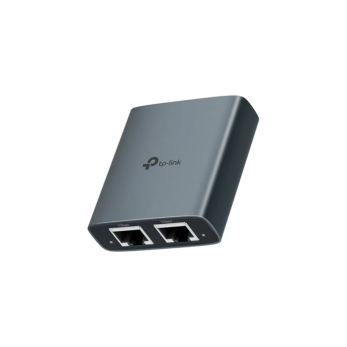 Ein grauer Netzwerkadapter von TP-Link mit zwei Netzwerkanschlüssen. Aufschrift: 1Gpbs.