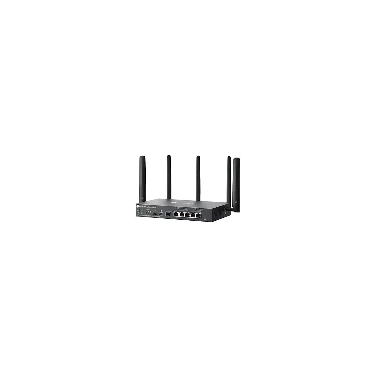 Vue de dessus d'un routeur noir avec antennes. Des connexions et des étiquettes sont visibles à l'avant.