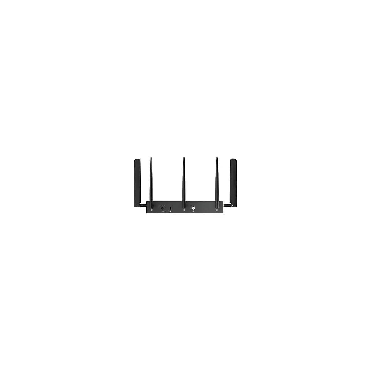 Routeur noir avec 5 antennes sur fond blanc. Deux antennes oblongues et trois antennes droites.