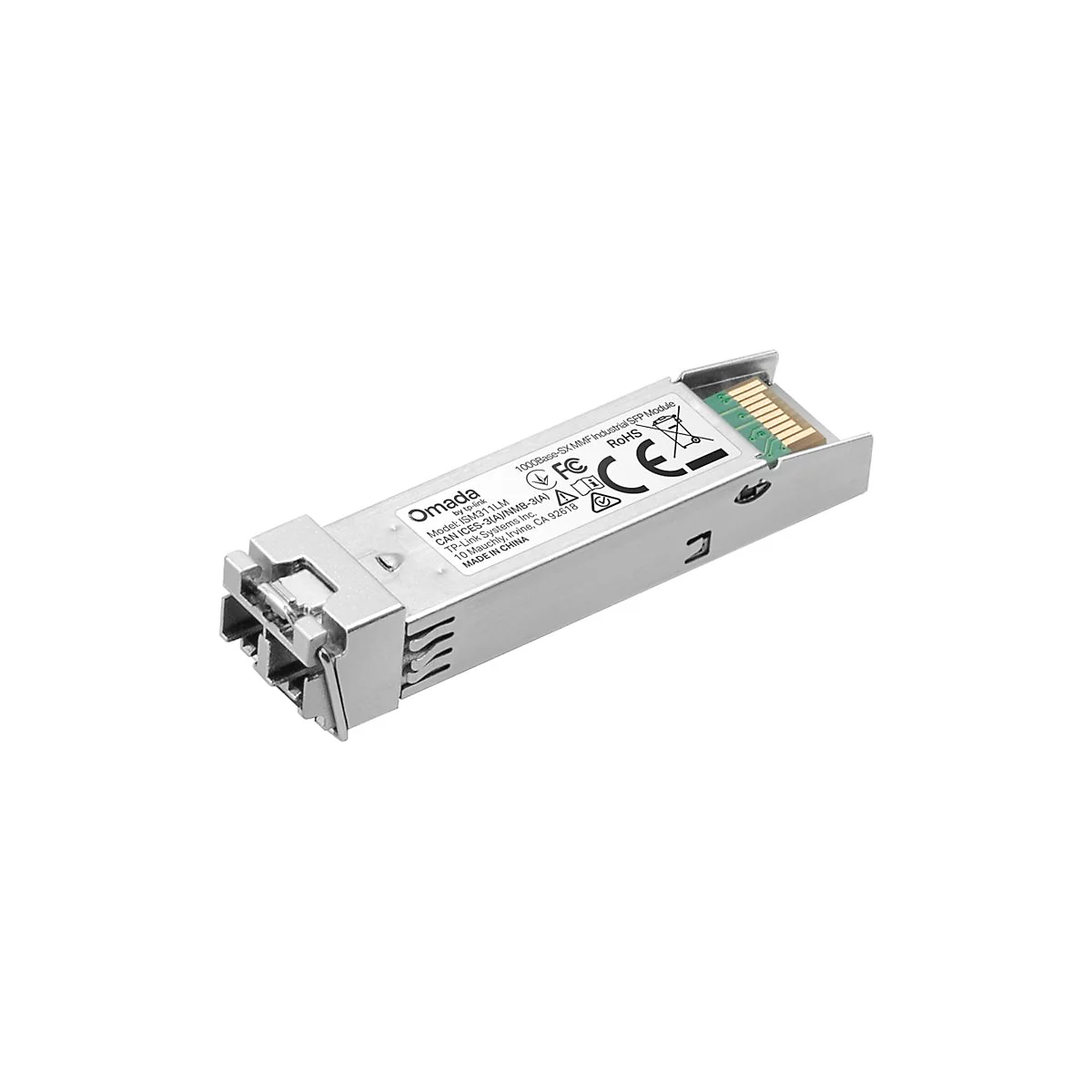 Un module Omada argenté avec des étiquettes indiquant le modèle, le fabricant et les certifications. Le circuit imprimé est vert.