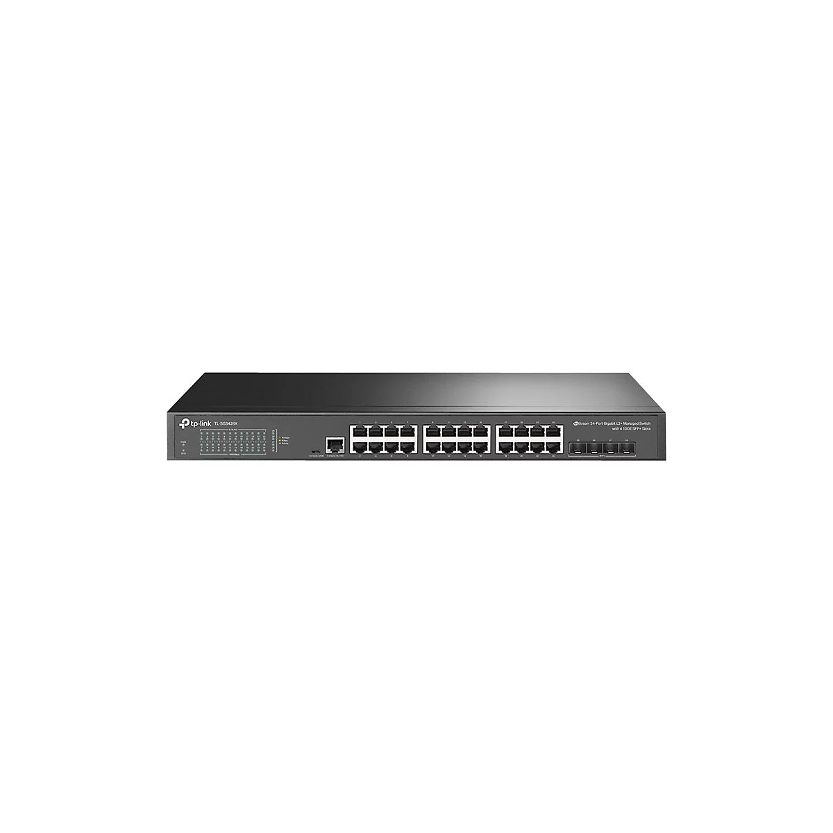 Schwarzer Netzwerk-Switch mit Ports und Beschriftungen, vor weißem Hintergrund. Der Text lautet: 24-Port Gigabit L2 Managed Switch.