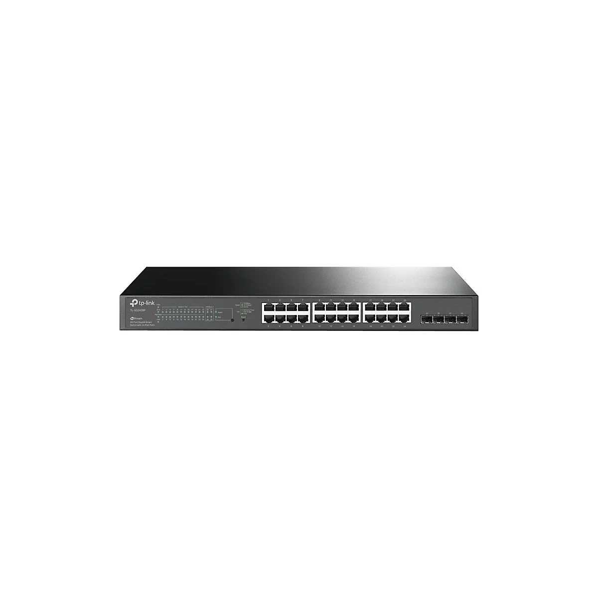 Ein schwarzer TP-Link Netzwerk-Switch, zahlreiche Ports, weißer Hintergrund.