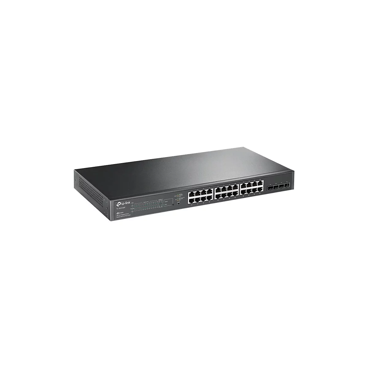 Schwarzer Netzwerk-Switch, TP-Link-Marke, mit 24 Ports, auf weißem Hintergrund.
