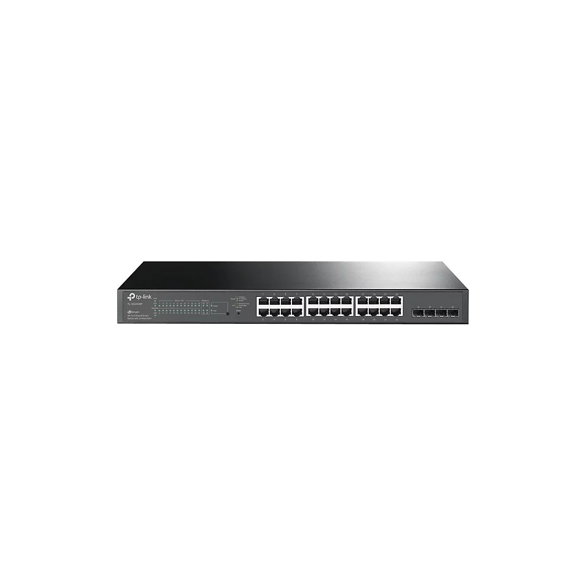 Schwarzer Netzwerk-Switch mit Ports und Beschriftungen, Marke TP-Link, vor weißem Hintergrund.