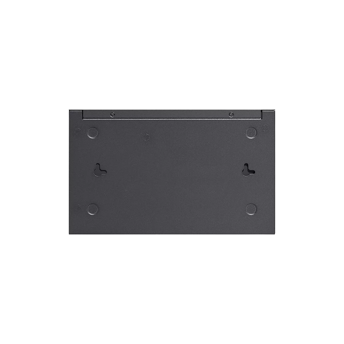 Face inférieure gris foncé d'un appareil électronique avec vis, pieds et dispositifs de montage.