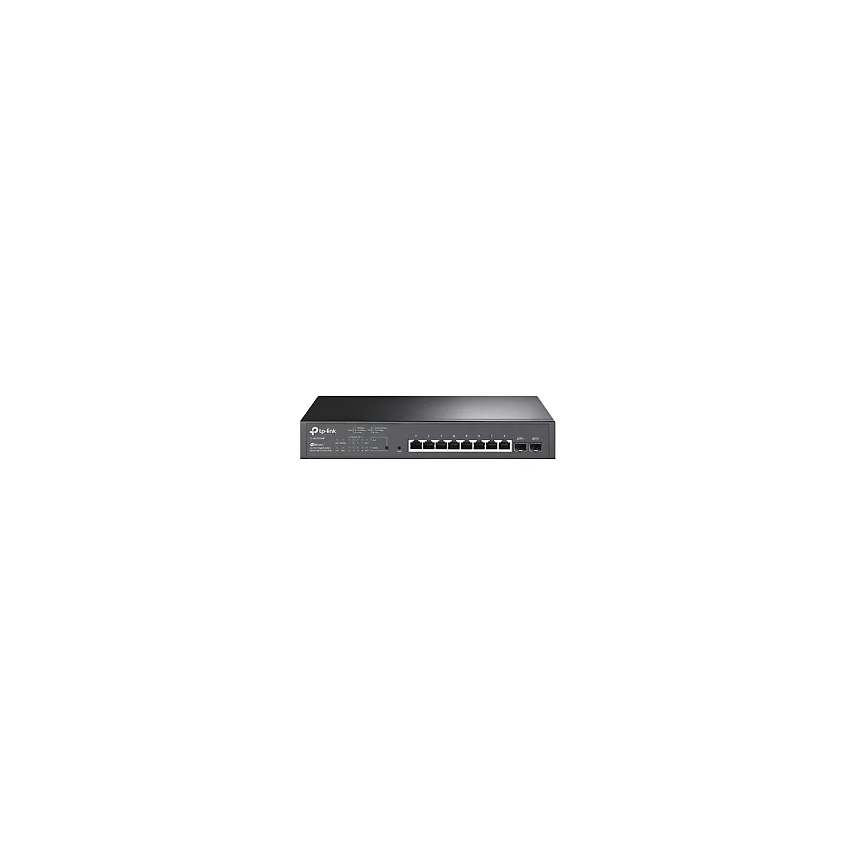 Un commutateur réseau TP-Link noir, vue de face avec ports et LED.