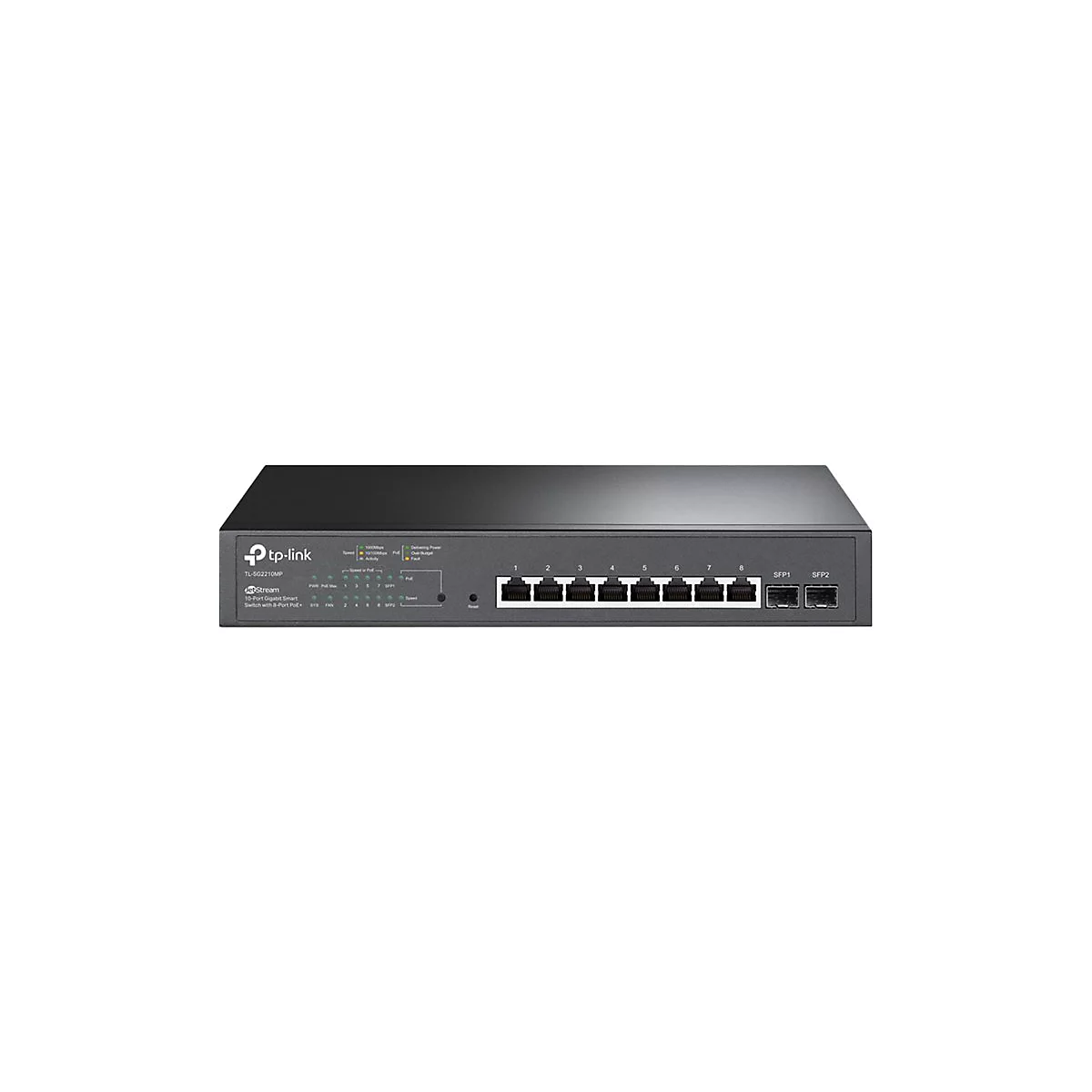 Ein schwarzer TP-Link Netzwerk-Switch, mit 8 Ports und SFP-Anschlüssen.