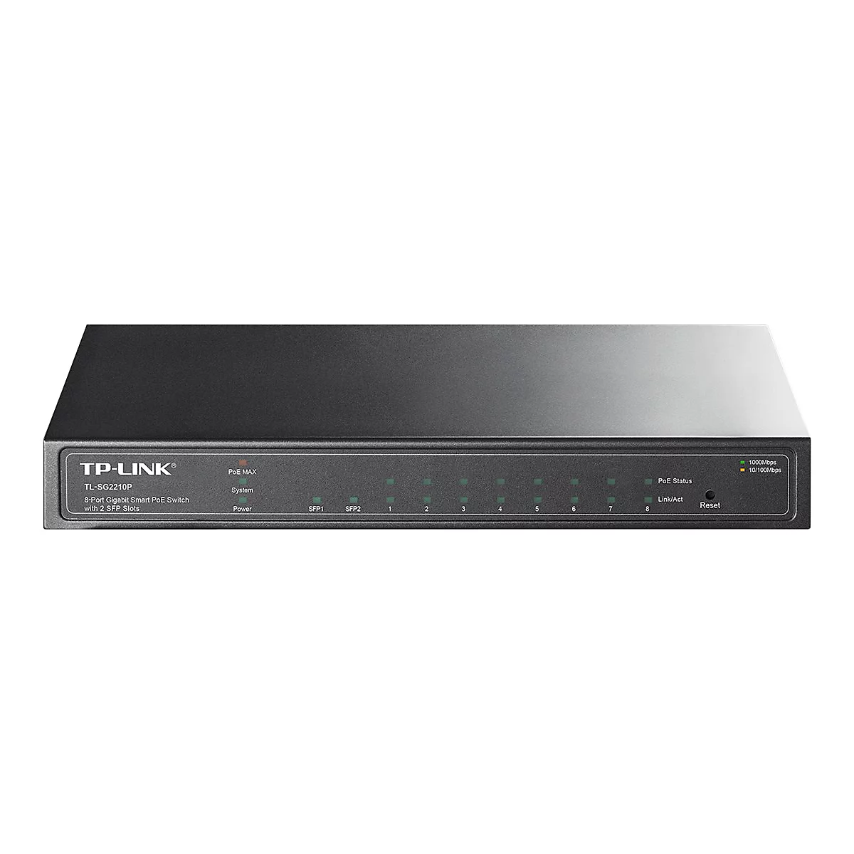 Commutateur TP-Link noir, modèle TL-SG2210P, avec ports, indicateurs et étiquettes. L'appareil est posé sur une surface claire.