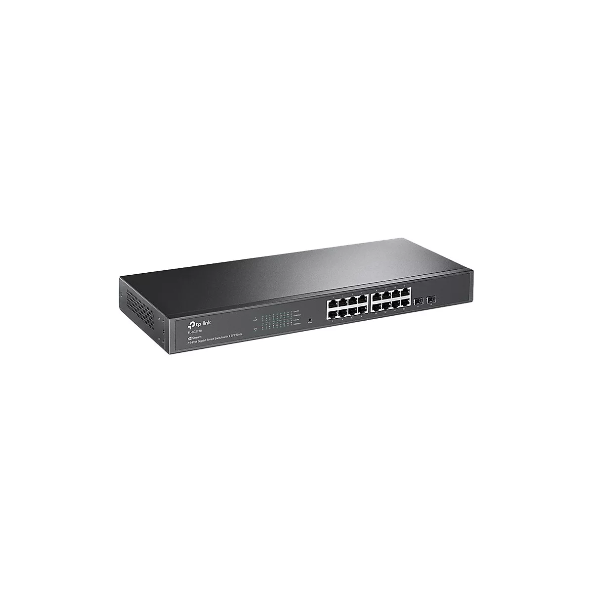 Un commutateur TP-Link noir rectangulaire avec 16 ports sur fond blanc.