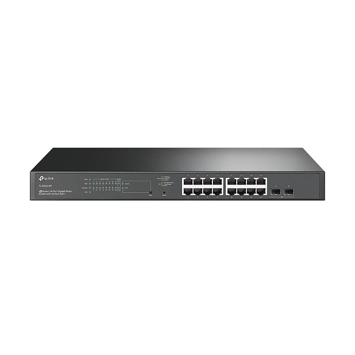 Commutateur TP-Link noir, 18 ports Gigabit Smart Switch avec 16 ports PoE+. Dessus avec ports et indicateurs.