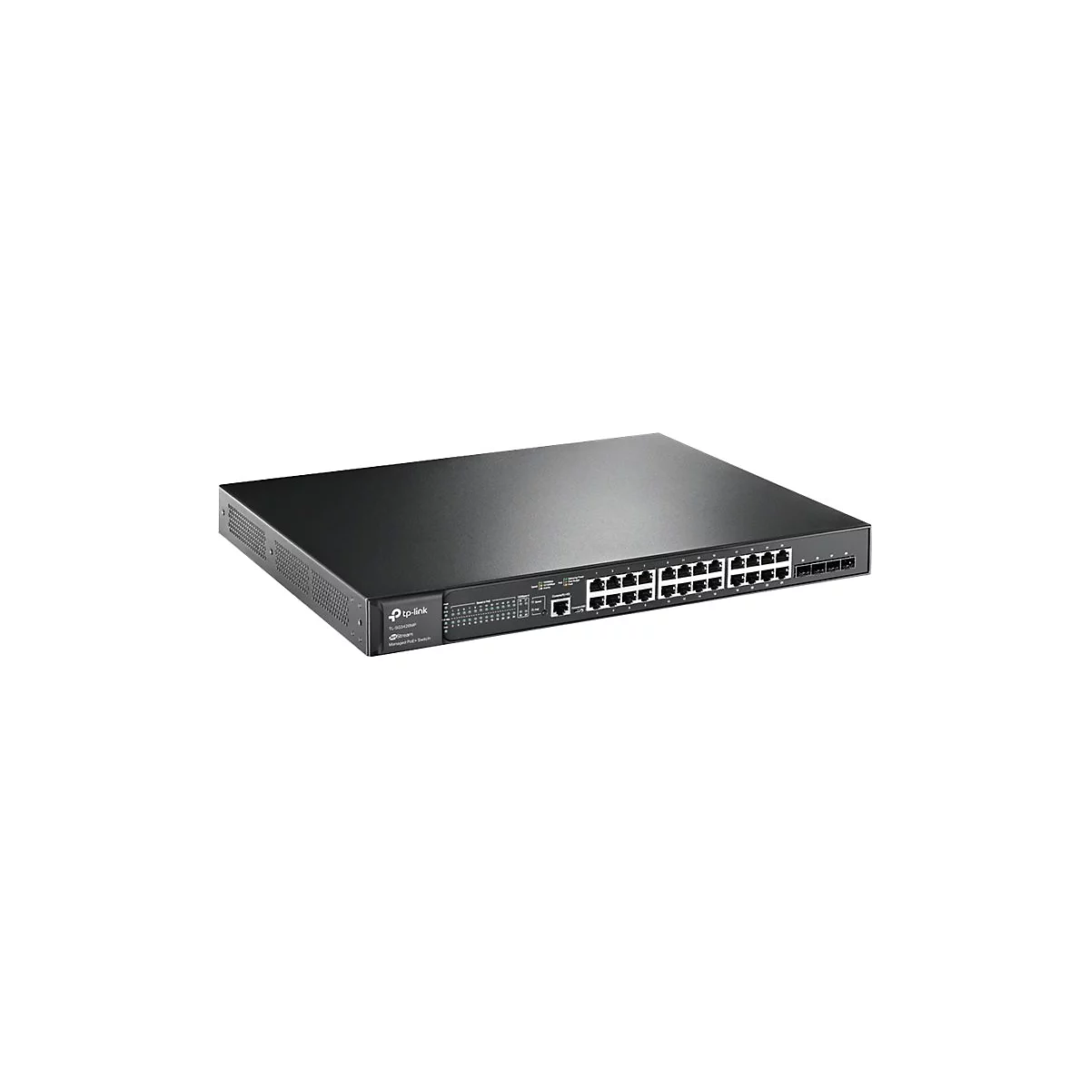 Commutateur réseau noir, nombreux ports, de Tp-Link. Étiquette de l'appareil TL-SG3428MP. Sur fond blanc.
