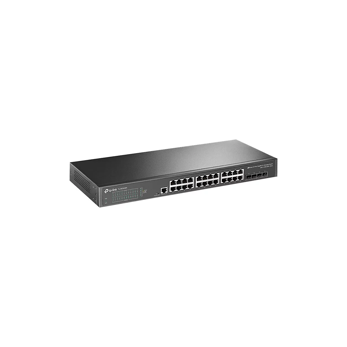 Commutateur réseau noir avec ports, logo tp-link à l'avant. Étiquette : Commutateur Gigabit L2+ géré à 24 ports avec 4 emplacements 1G/SFP.
