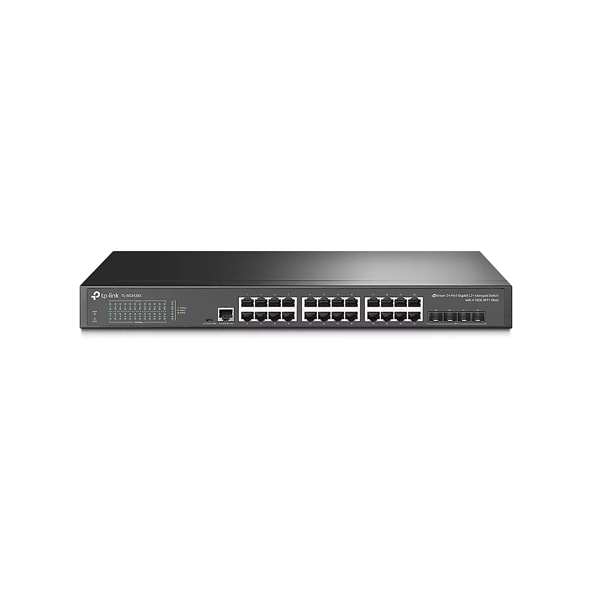 Un commutateur TP-Link noir, vue de face, avec de nombreux ports et connexions.