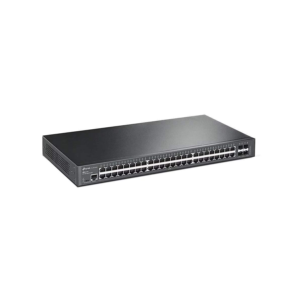 Schwarzer Netzwerk-Switch von TP-Link. Viele Eingänge mit Beschriftung. Auf weißem Hintergrund.