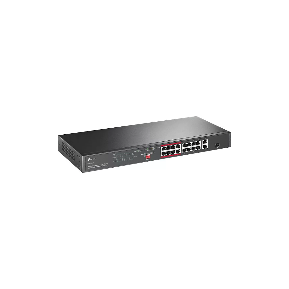 Ein schwarzer Netzwerk-Switch mit vielen AnschlÃ¼ssen, rot umrandet.