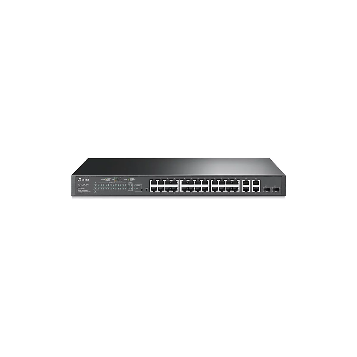 Schwarzer TP-Link TL-SL2428P Netzwerk-Switch mit 24 Ports vor weißem Hintergrund.
