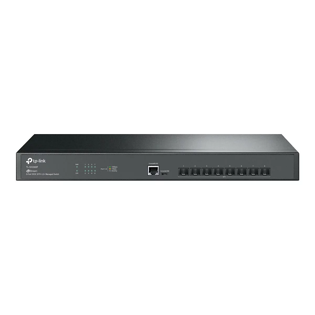 Ein schwarzer TP-Link Netzwerk-Switch, zahlreiche Anschlüsse, SFP+.