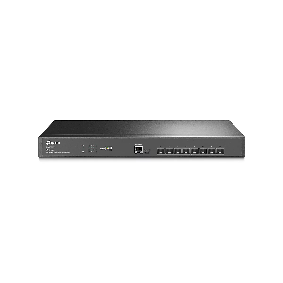 Ein schwarzer TP-Link Switch, Modell TL-SX3008F. Auf der Vorderseite befinden sich Anschlüsse, LEDs und Beschriftungen.