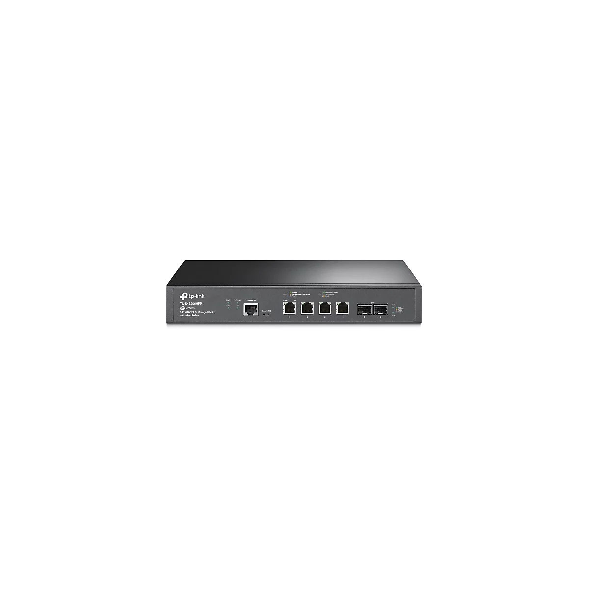 Commutateur réseau tp-link noir avec ports et indicateurs. Inscription : TL-SX3206HPP.