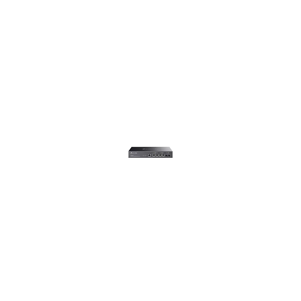 Ein schwarzer TP-Link-Router mit Anschlüssen, Beschriftung und grünen Lichtern.