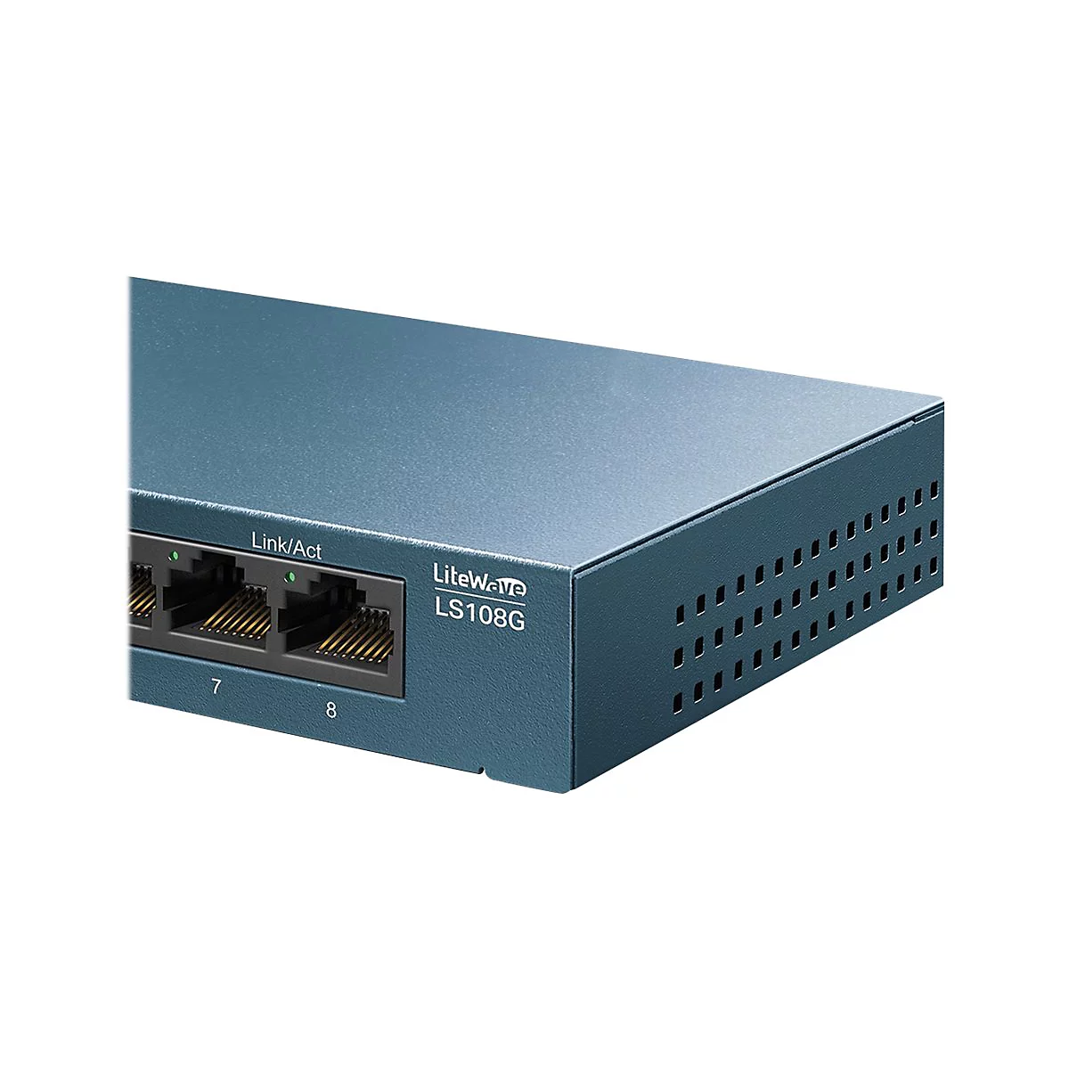 Vue latérale d'un switch réseau bleu. Étiqueté avec 'Link/Act', des ports et 'LiteWave LS108G'.