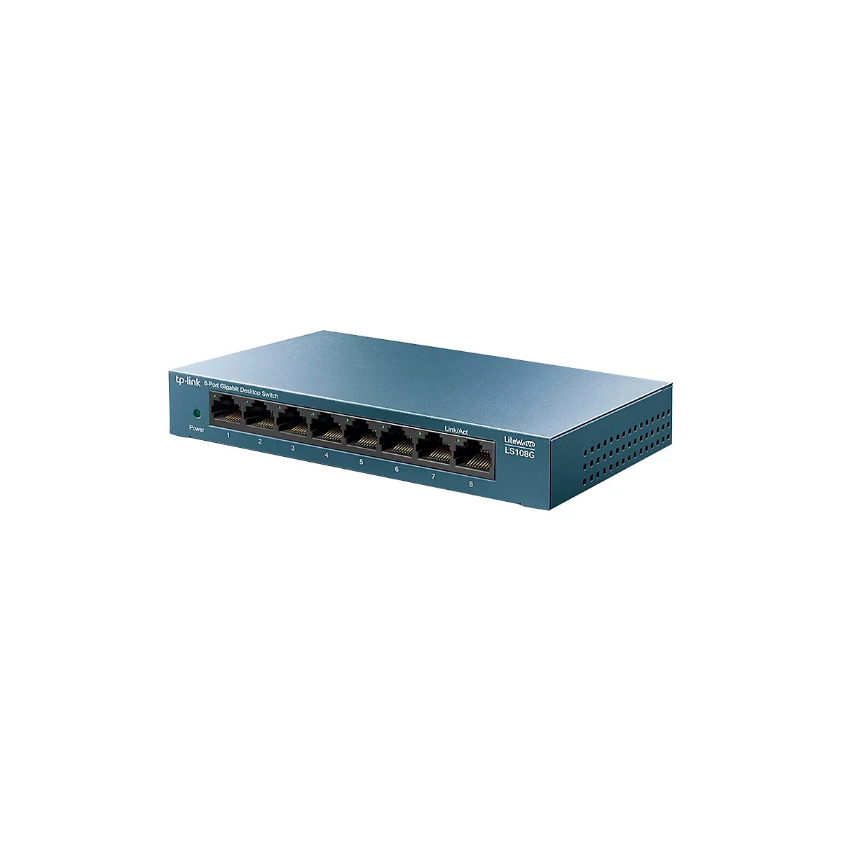 Switch TP-Link bleu à 8 ports. Texte : 8-Port Gigabit Desktop Switch. 8 ports réseau sont visibles en haut.