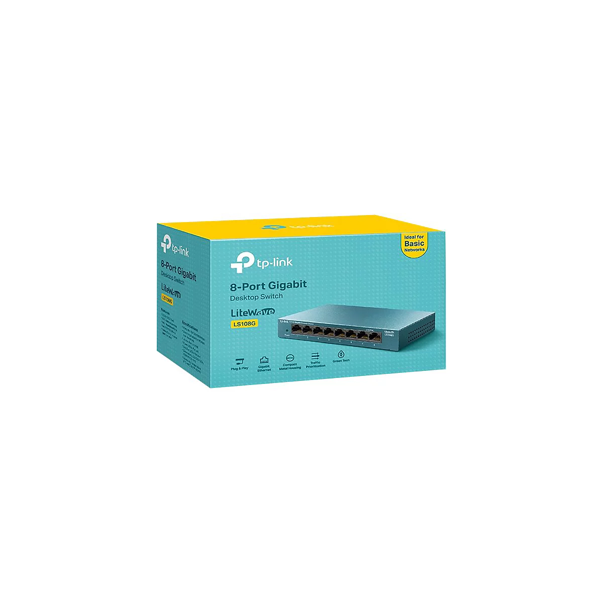 Un switch de bureau Gigabit 8 ports Tp-Link LS108G. Le routeur et son emballage sont présentés.