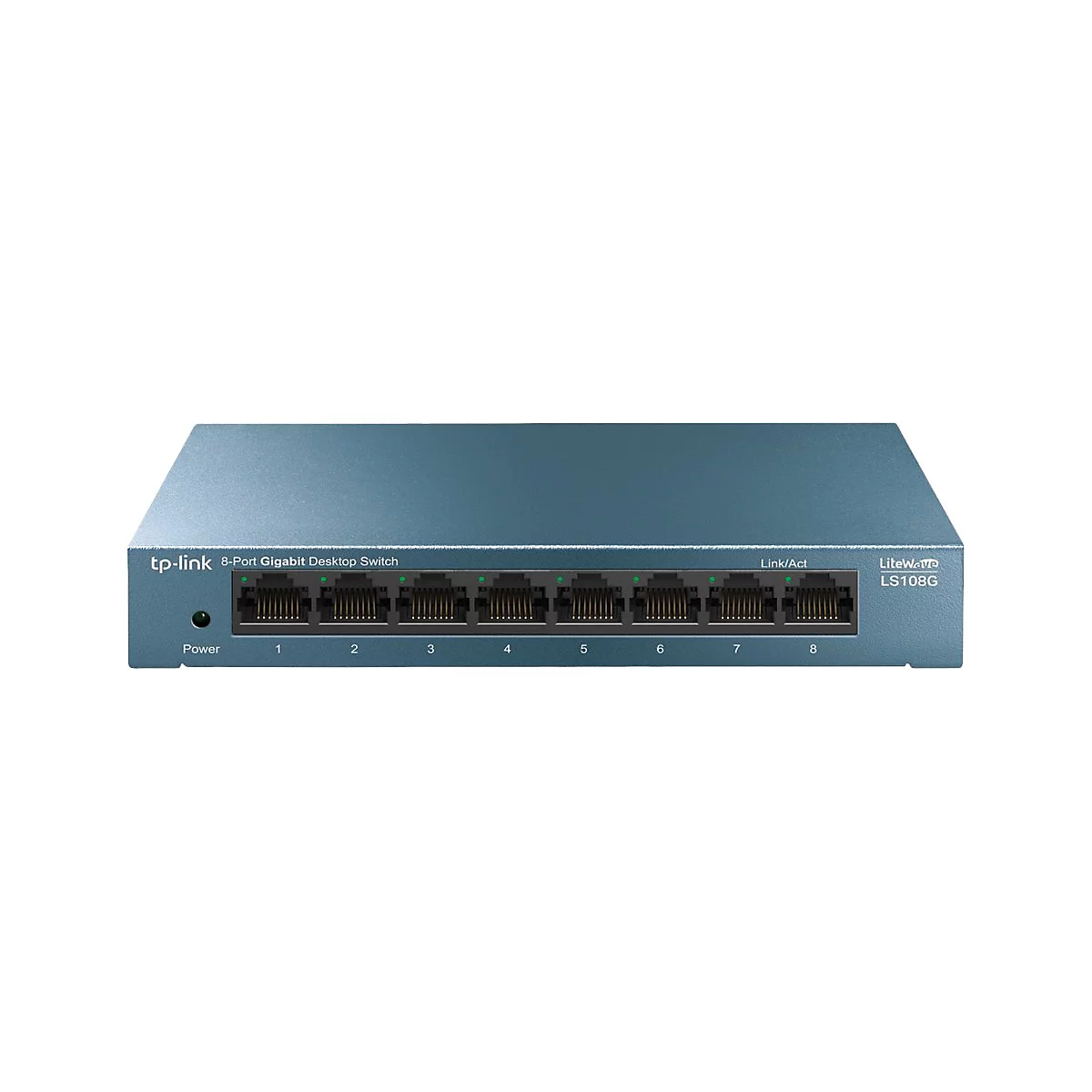 Blauer 8-Port Gigabit Desktop Switch von tp-link, Modell LS108G, mit Ports und LED-Anzeigen.