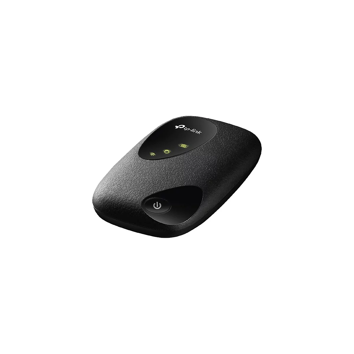 Schwarzer mobiler WLAN-Router mit tp-link Logo und Power-Taste. Verschiedene Status-LEDs zeigen Konnektivität und Akku an.