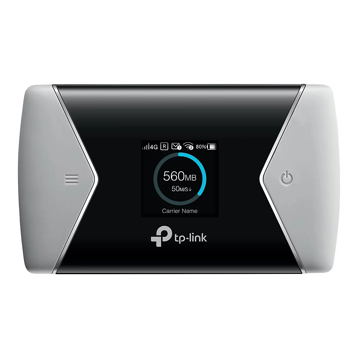 Schwarzer TP-Link-WLAN-Router. Auf Display: Datenverbrauch, 4G-Symbol, 80% Akku. Grau-weiÃŸe Umrandung.