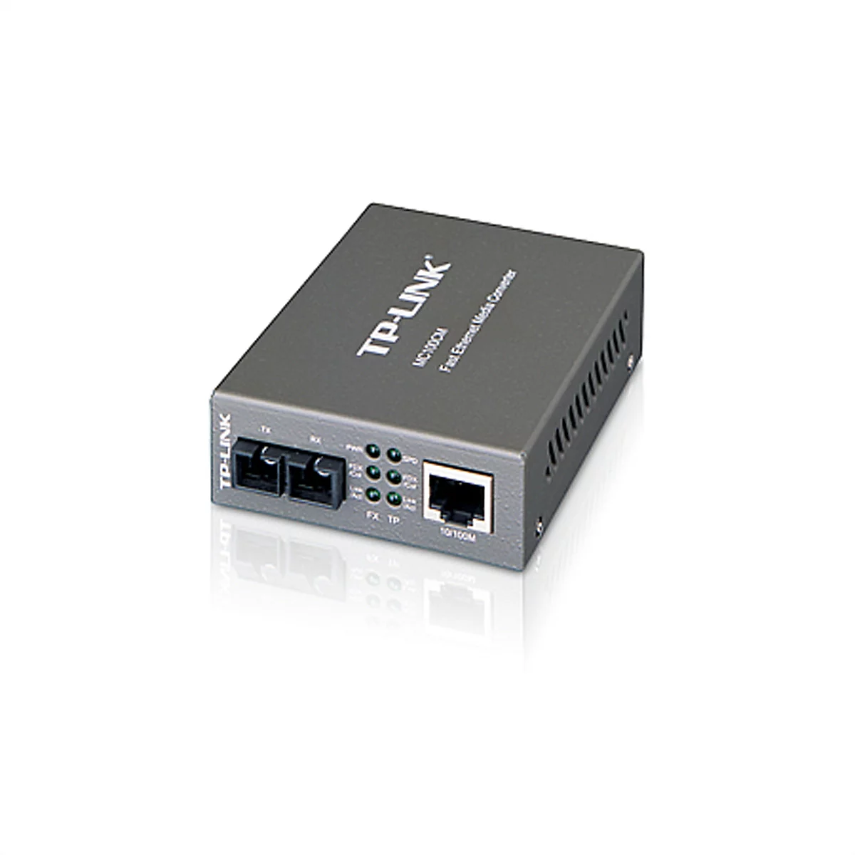 Grauer TP-Link MC100CM Medienkonverter vor weißem Hintergrund mit Anschlüssen für Glasfaser und Ethernet.