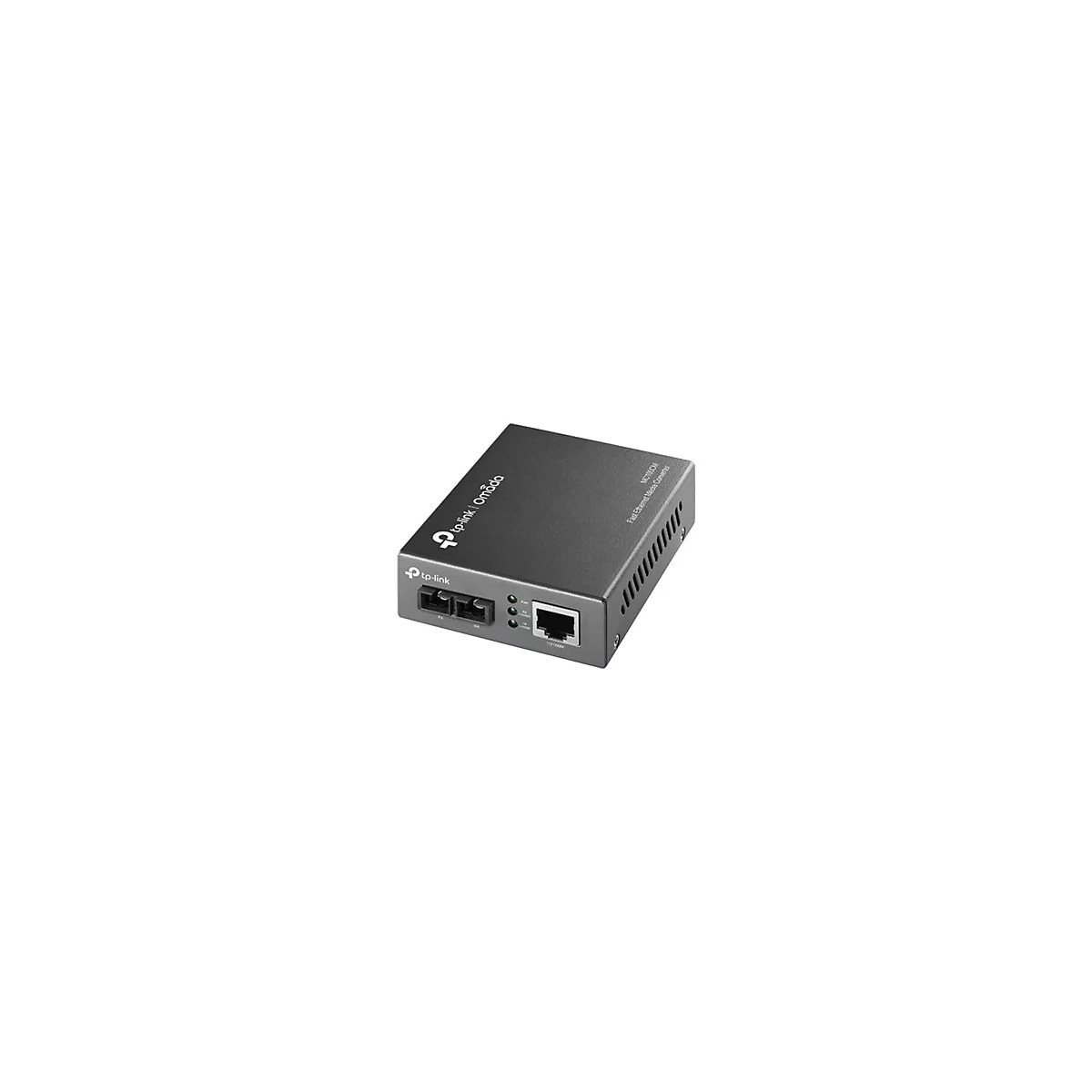 Schwarzer TP-Link Media Converter mit Glasfaser- und Ethernet-Anschlüssen auf weißem Hintergrund.