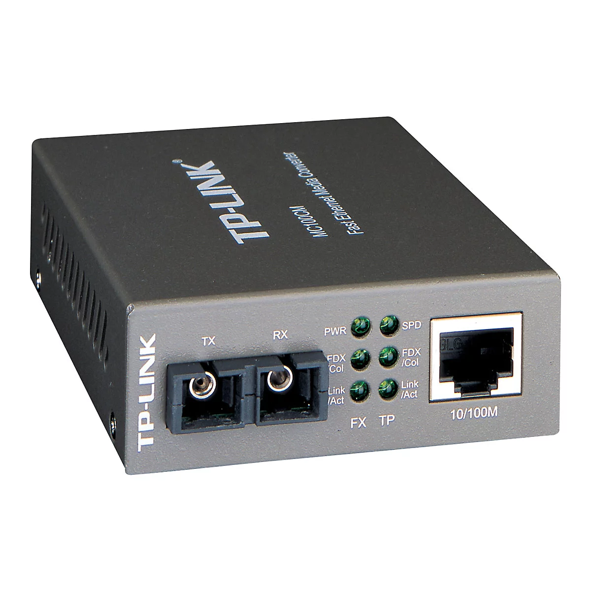 Schwarzer TP-Link Fast Ethernet Media Converter. Beschriftung: TP-Link, MC100CM, TX, RX, PWR, SPD, FDX/Col, Link/Act, FX TP, 10/100M.
