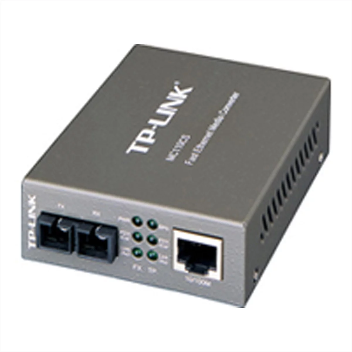 Grauer TP-Link MC110CS Fast Ethernet Medienkonverter aus Metall mit Anschlüssen und Status-LEDs.