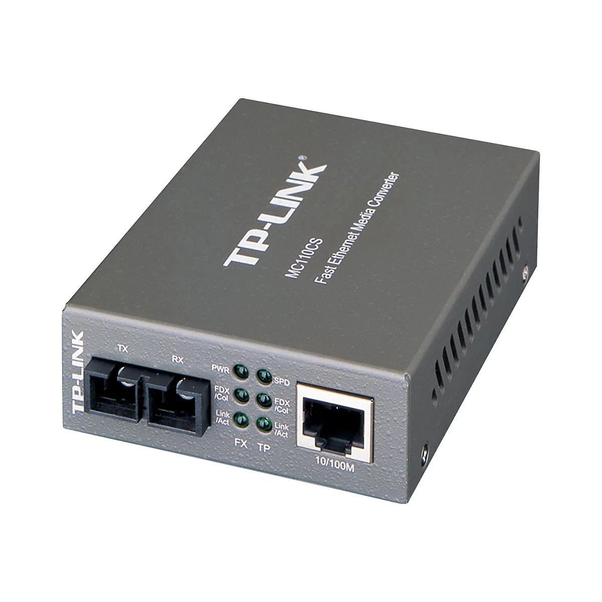 Grauer TP-Link Media Converter mit Beschriftung und Anschlüssen.
