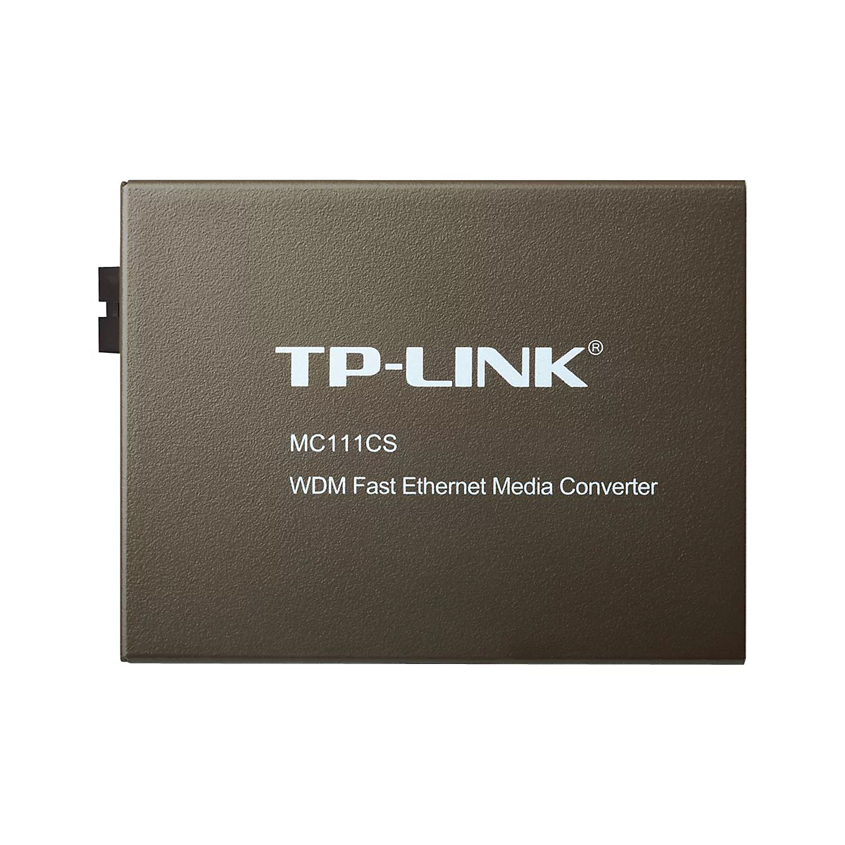 Ein quadratischer, brauner Medienkonverter mit weißem "TP-LINK" Logo und der Aufschrift "MC111CS WDM Fast Ethernet Media Converter".