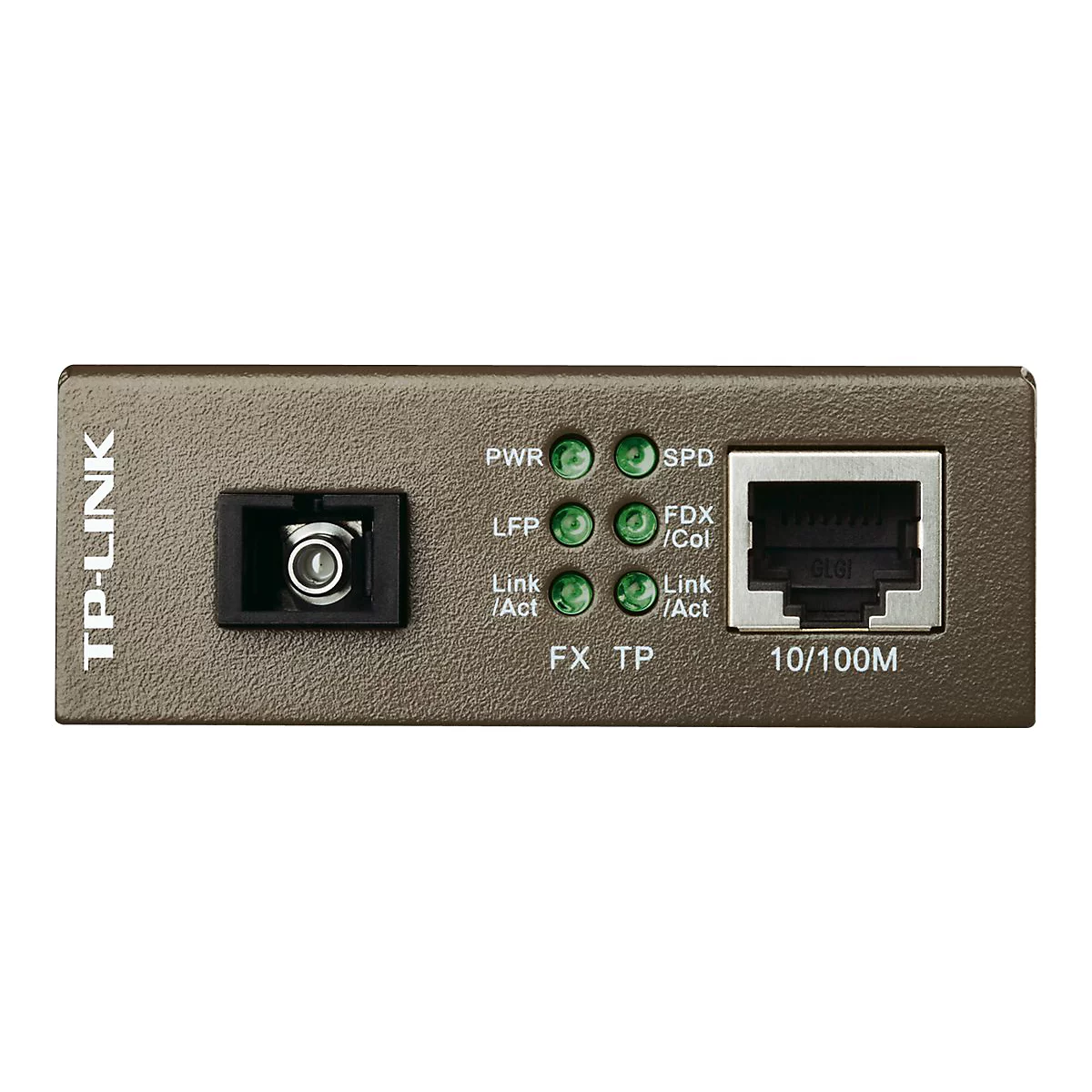 Nahaufnahme eines TP-Link Netzwerk-Konverters. Das graue Gerät hat Anschlüsse, Kontrollleuchten und Beschriftungen.