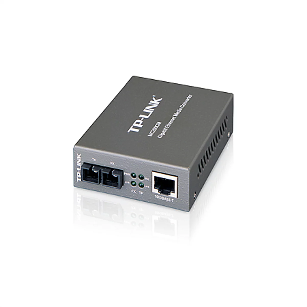 Ein grauer TP-Link Gigabit Ethernet Media Converter, leicht von oben gesehen, mit Anschlüssen und Anzeigen.