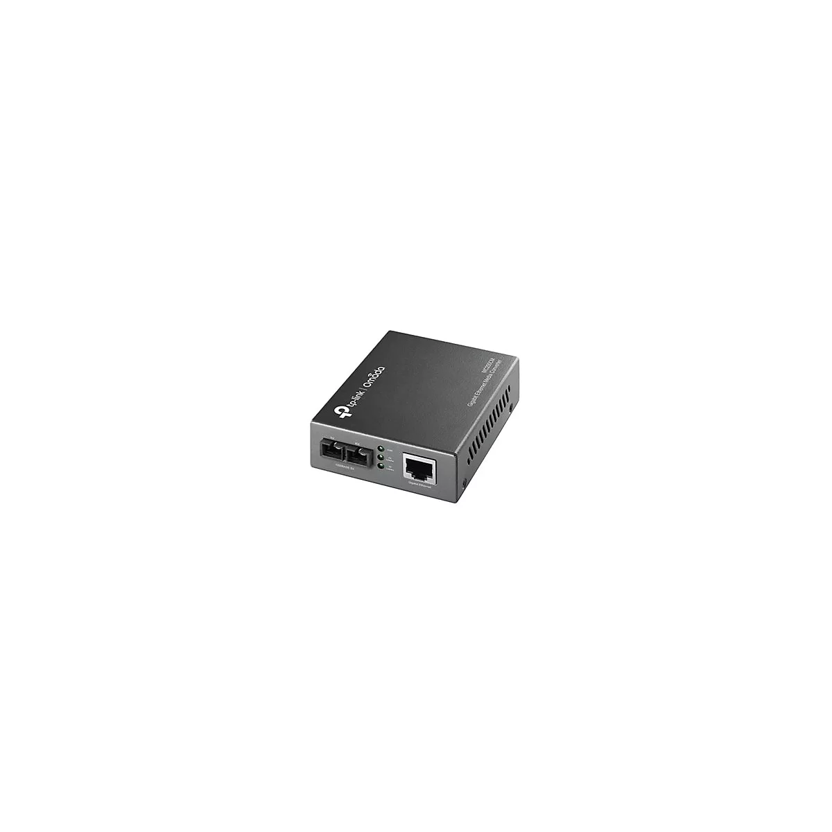 Ein schwarzer TP-Link Omada Gigabit Ethernet Media Converter, mit Anschlüssen und LEDs, auf weißem Hintergrund.
