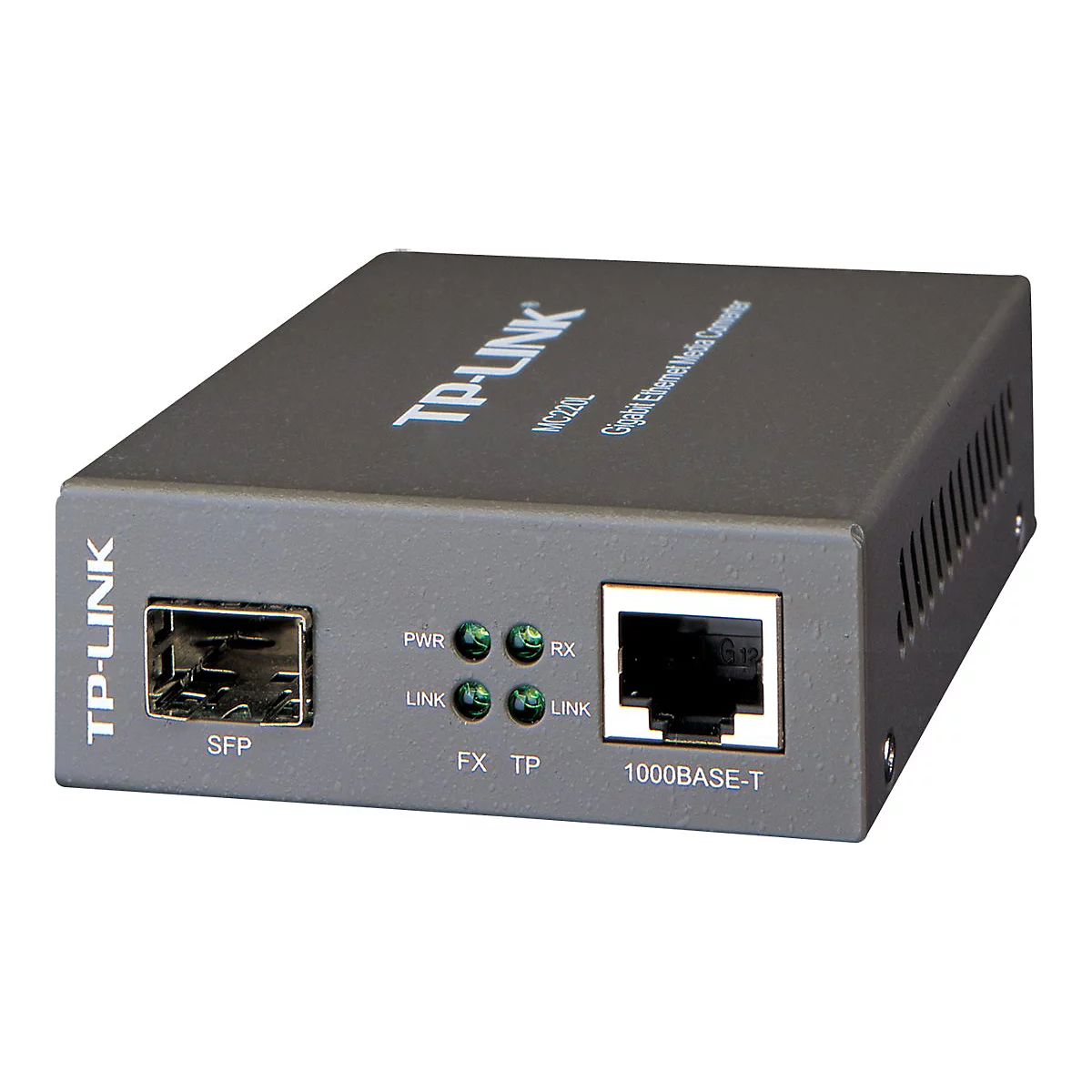 Grauer TP-Link Gigabit Ethernet Media Converter, SFP- und 1000BASE-T-Anschlüsse, Kontrollleuchten.